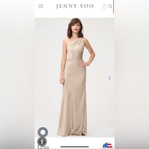 Jenny Yoo One Shoulder satin floor length dress in champagne color. Worn once